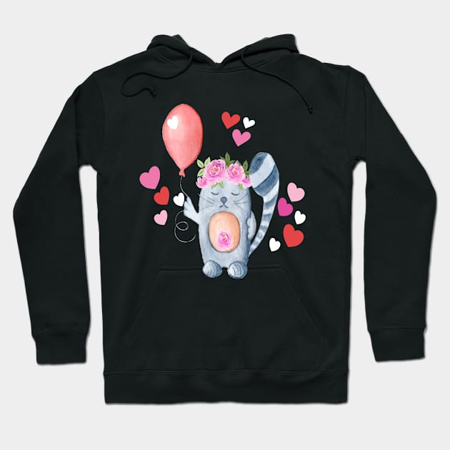 Cat Lover Valentine Funny Kitty & Balloon With Hearts Hoodie by Kimmicsts